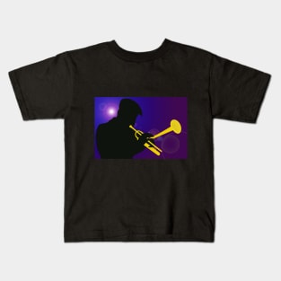 Silhouette of a Trumpet Player on a Blue / Purple Background Kids T-Shirt